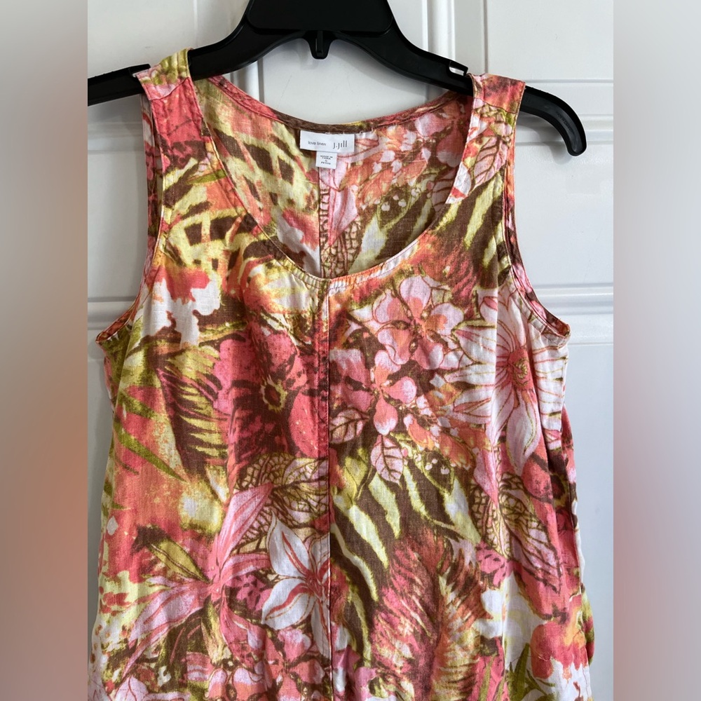 J. Jill Love Linen Pink Green Floral Sleeveless Dress Tropical Women’s S Petite - Picture 2 of 9